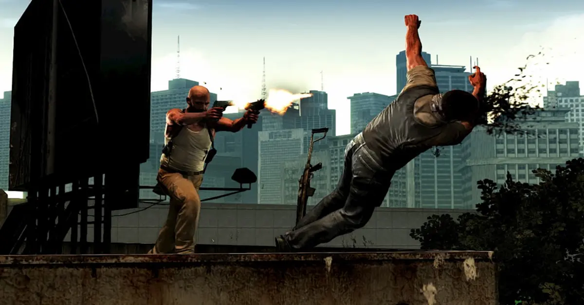 Max Payne leaping through the air in slow motion while firing dual pistols in a favela.