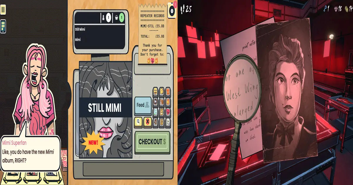Gameplay screenshot showing the record store counter in Wax Heads alongside puzzle elements from Blue Prince.
