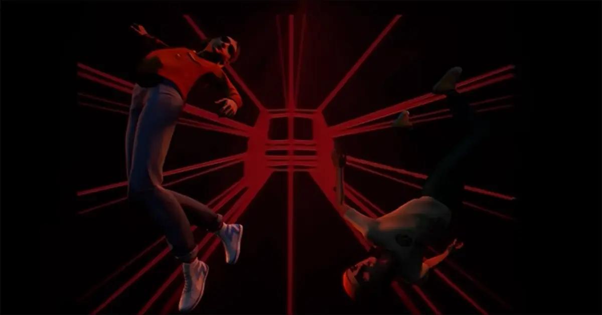 A stylized gameplay scene showing characters floating through a neon-lit, abstract high school hallway.