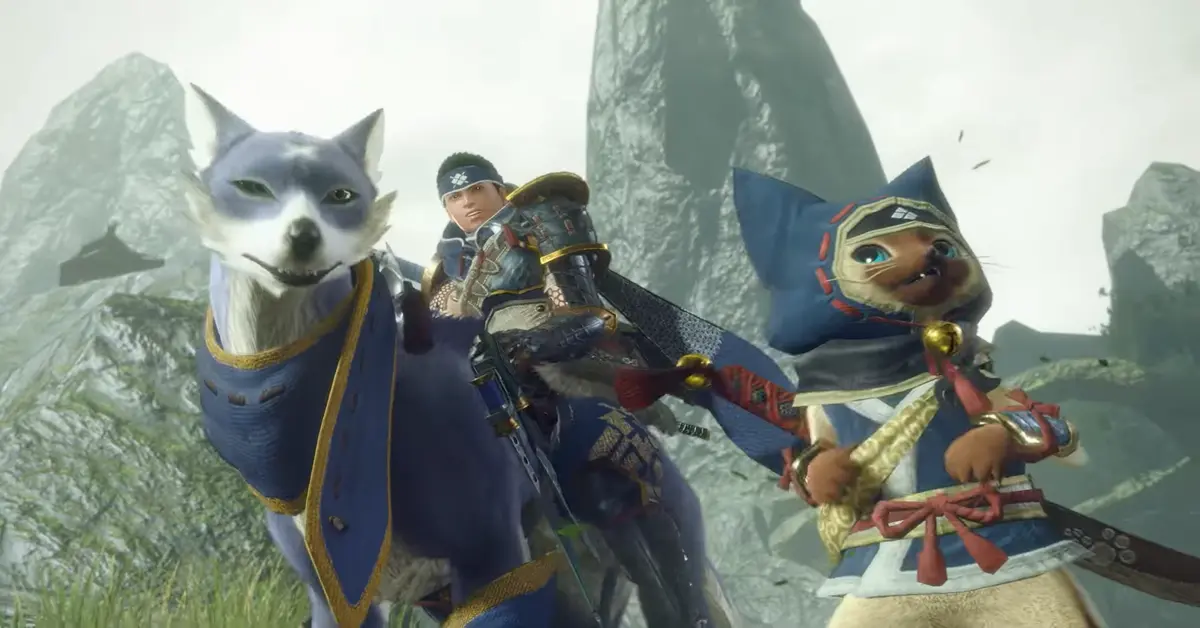 Two hunters riding Palamutes alongside a Palico companion in Monster Hunter Rise.