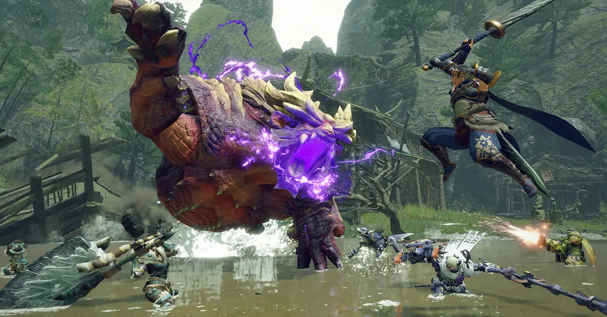 A squad of four hunters battling a massive Magnamalo in Monster Hunter Rise multiplayer.