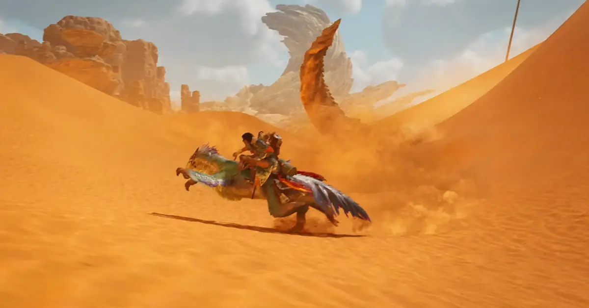 A hunter riding a Seikret mount through a massive sandstorm in Monster Hunter Wilds.