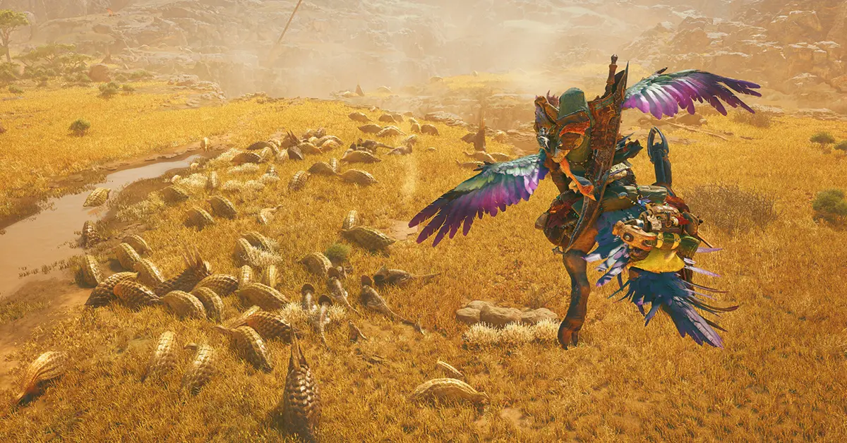 A fierce hunter riding a seikret mount while dodging a massive monster in Monster Hunter Wilds