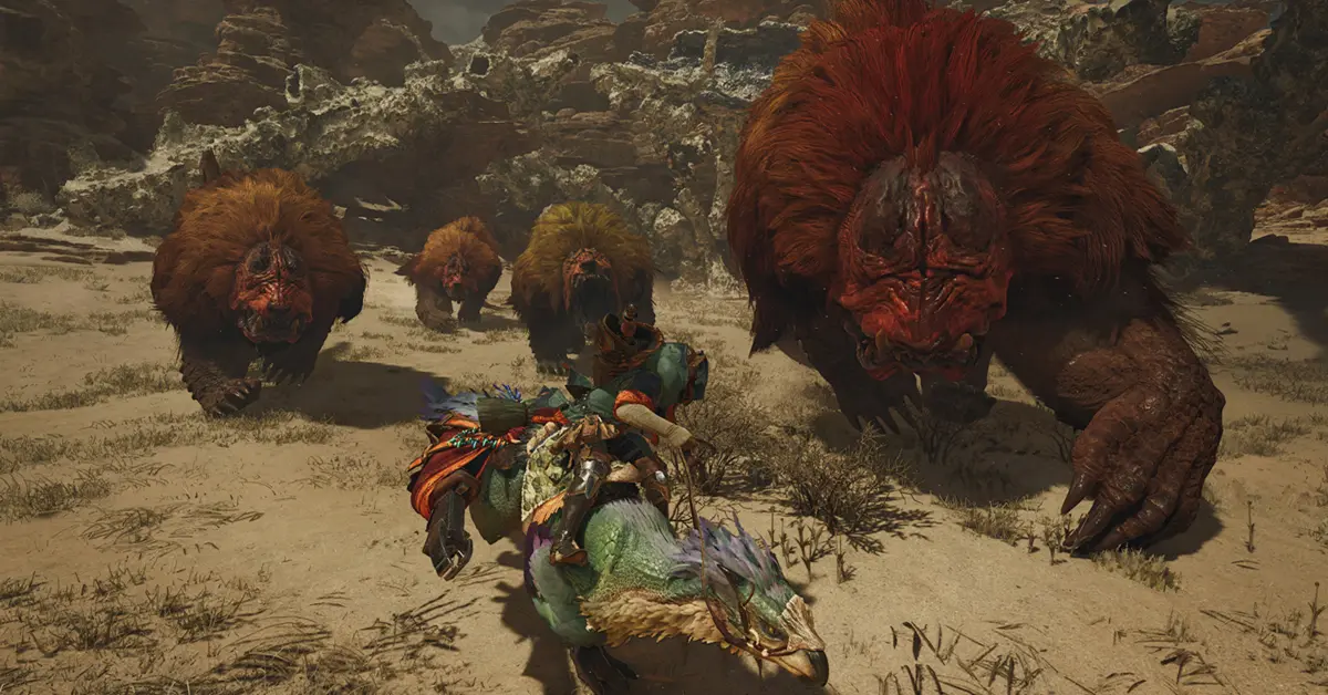 Monster Hunter Wilds character facing a large desert beast