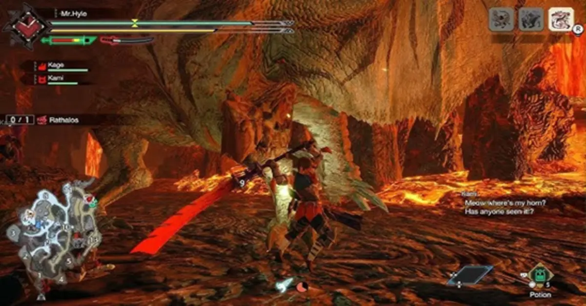 A hunter wielding a Long Sword faces a fire-breathing Rathalos in a volcanic arena.