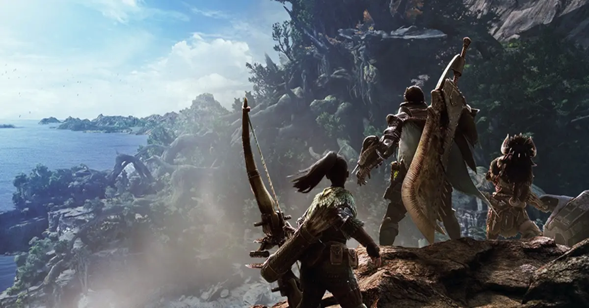 A sweeping landscape of the Ancient Forest in Monster Hunter World with lush foliage and soaring cliffs.