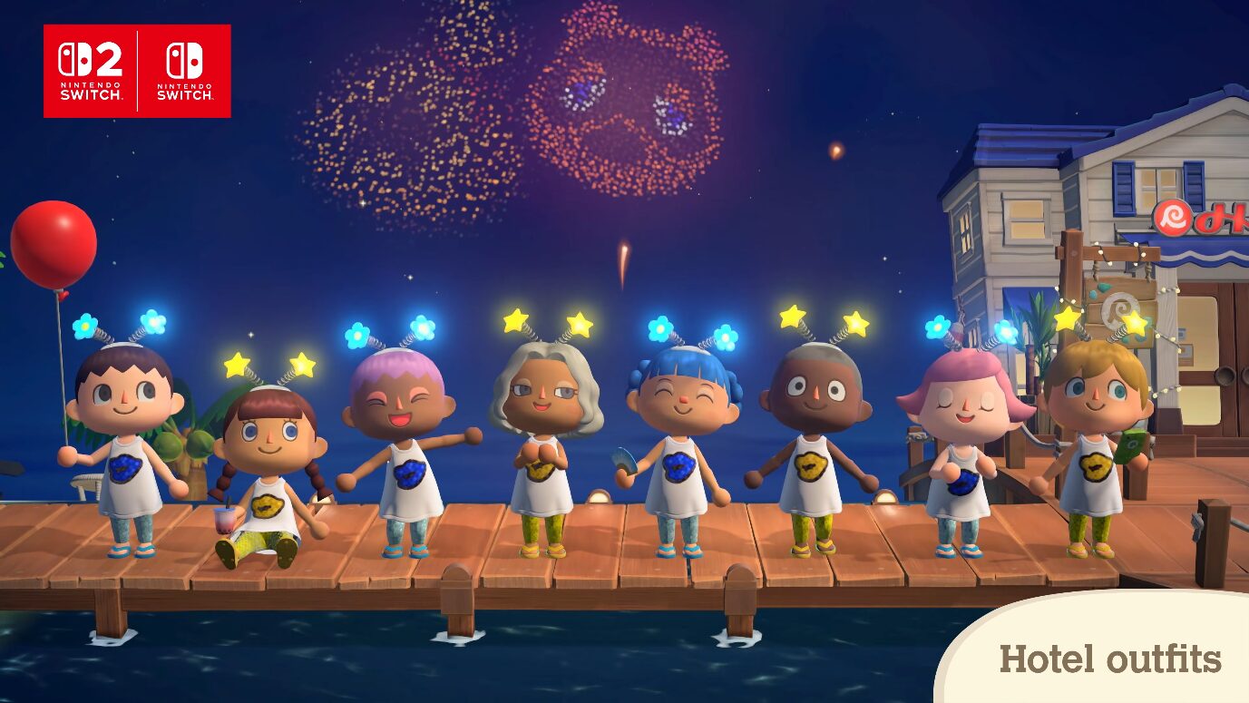 villagers on the pier in front of a fireworks display