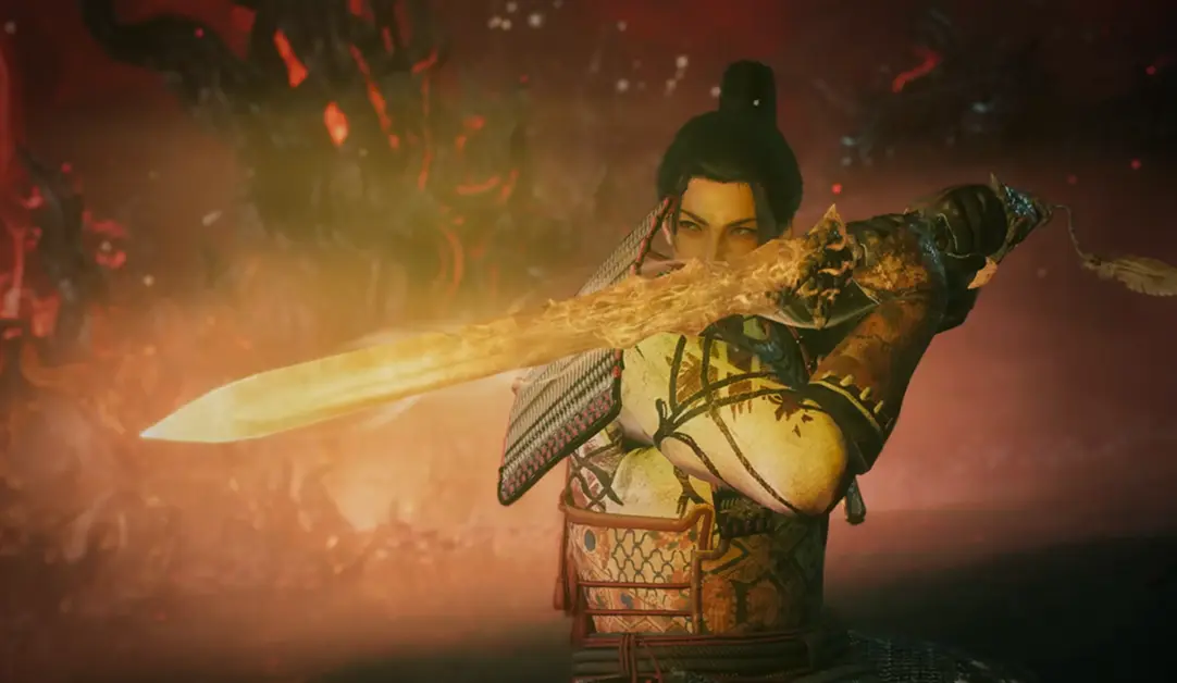 A fierce samurai in Nioh 3 clashing swords with a demon against a dark, blood-red sky