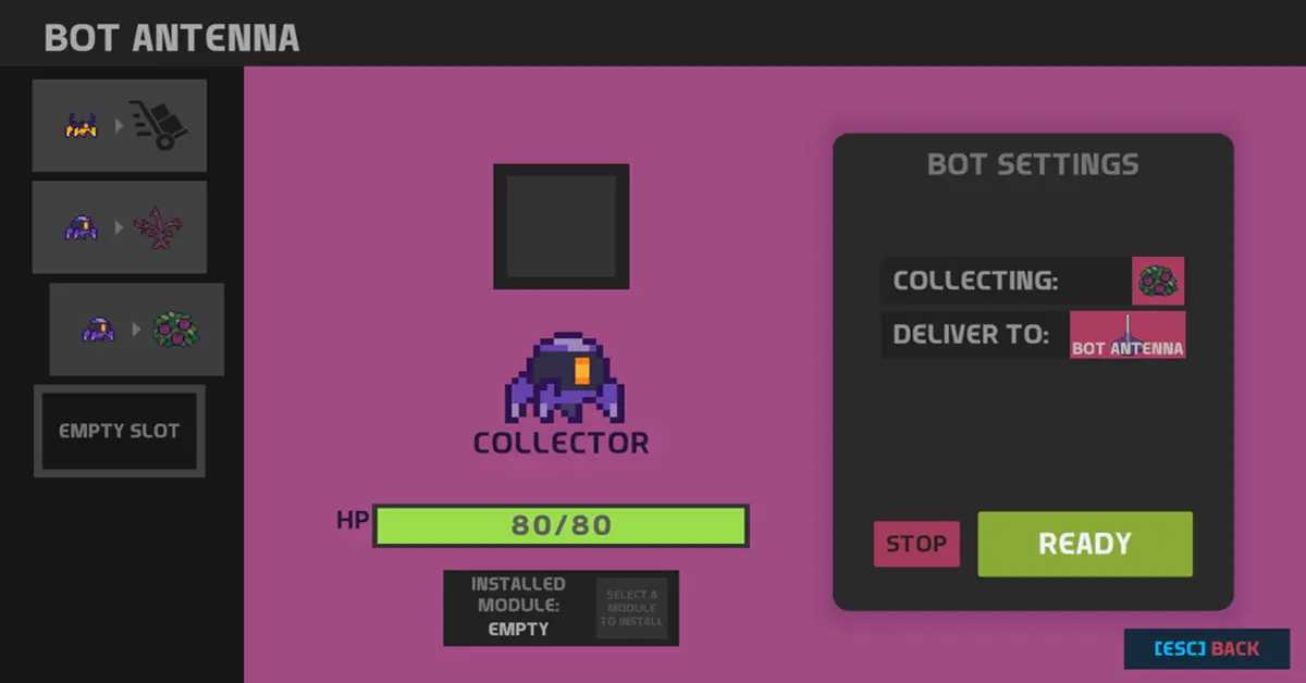 The bot automation interface in Nova Lands showing resource distribution routes.