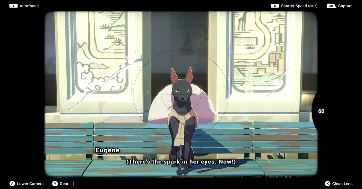 A close-up of the in-game camera UI showing a spirit captured in the lens.