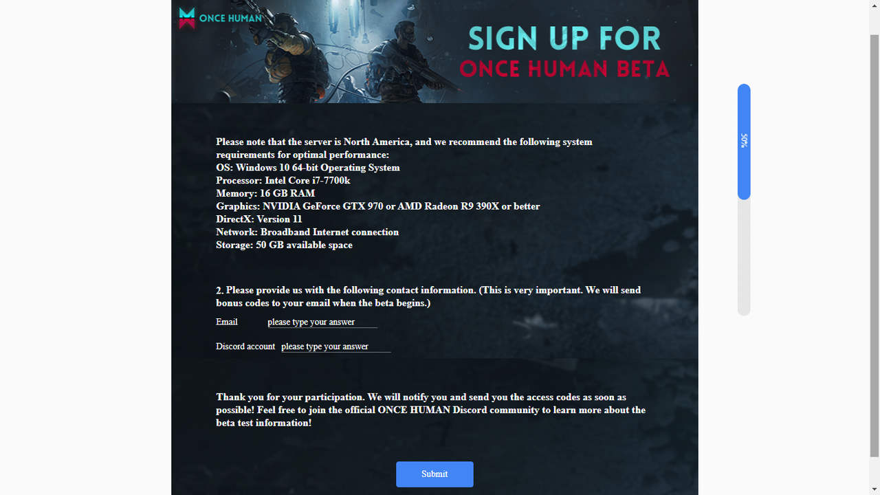Once Human questionnaire to be selected for the Beta