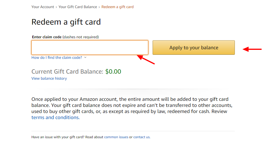 Amazon enter Gift card code