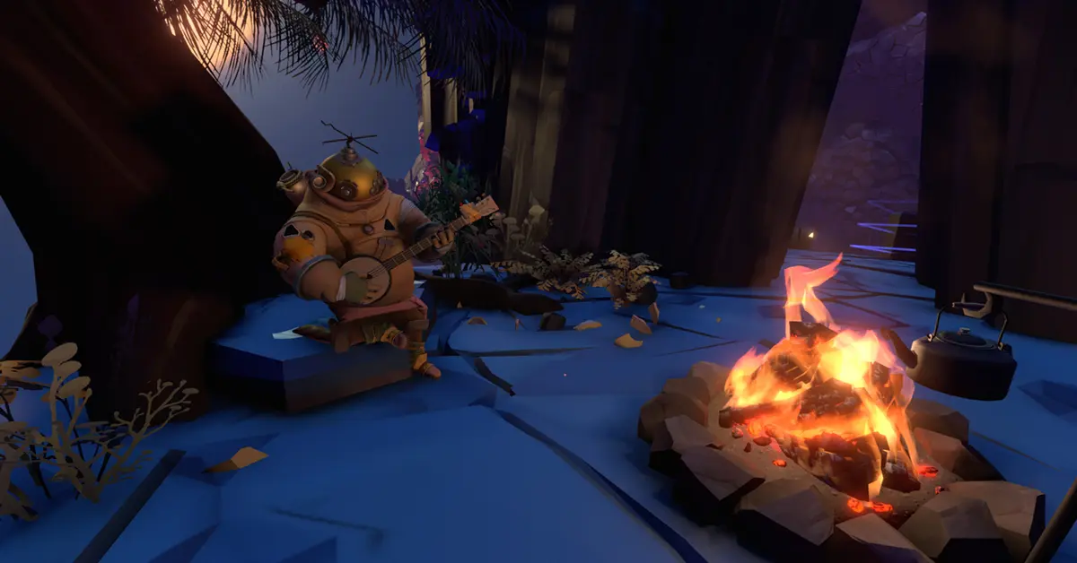 A player character standing on a crumbling planetary surface in Outer Wilds.
