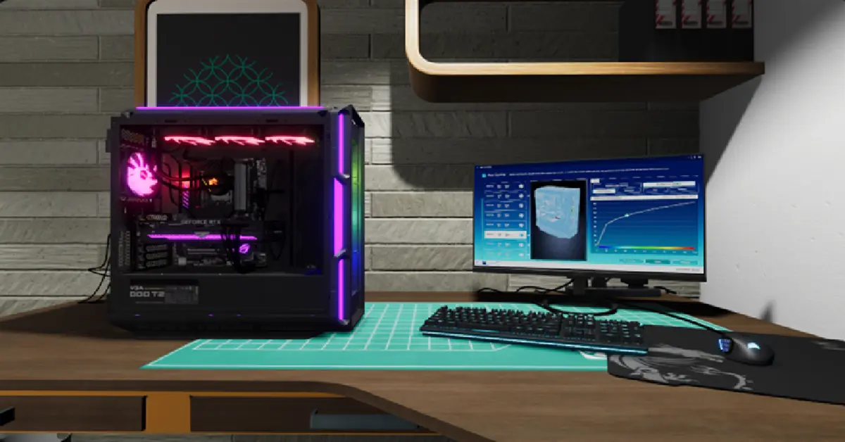 Custom built gaming PC with vibrant RGB lighting in PC Building Simulator 2