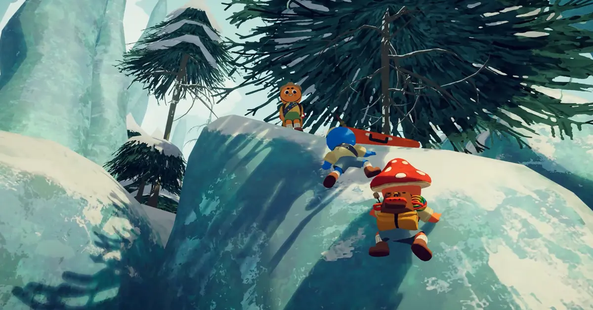 First-person view of players managing stamina and gear on an icy cliff in PEAK