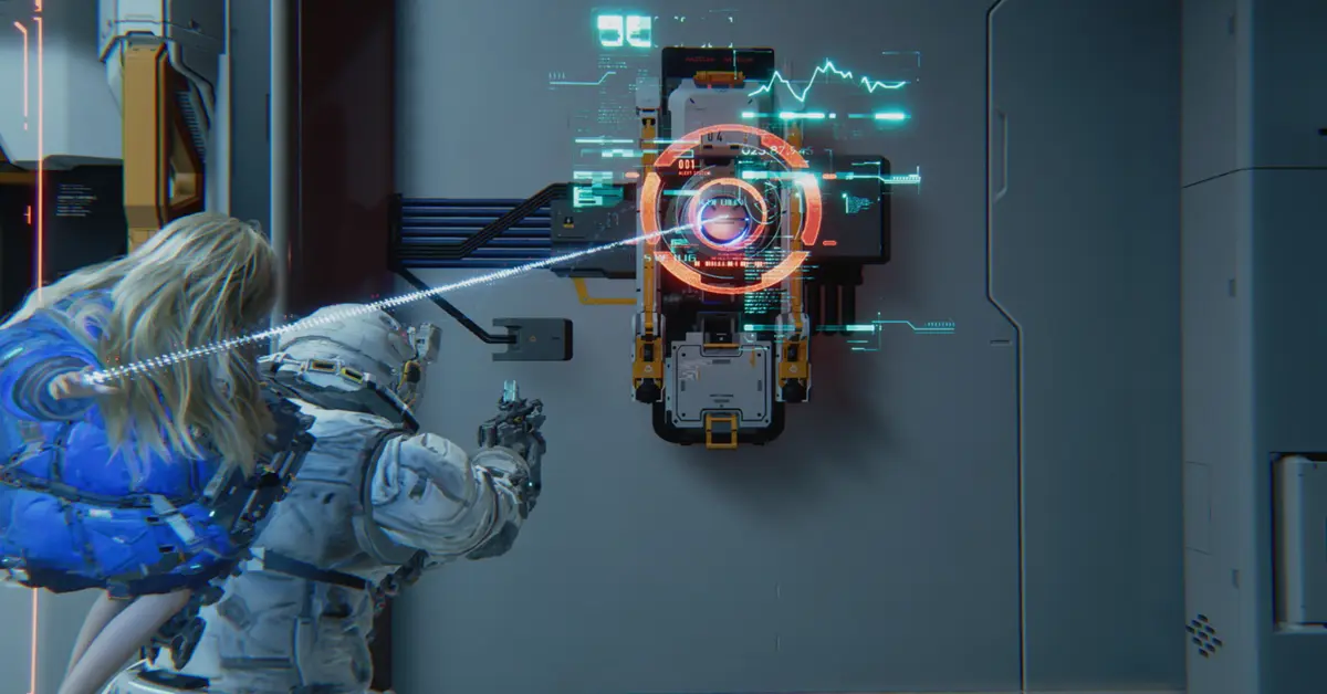 Gameplay screenshot of PRAGMATA showing the hacking interface on the Moon.