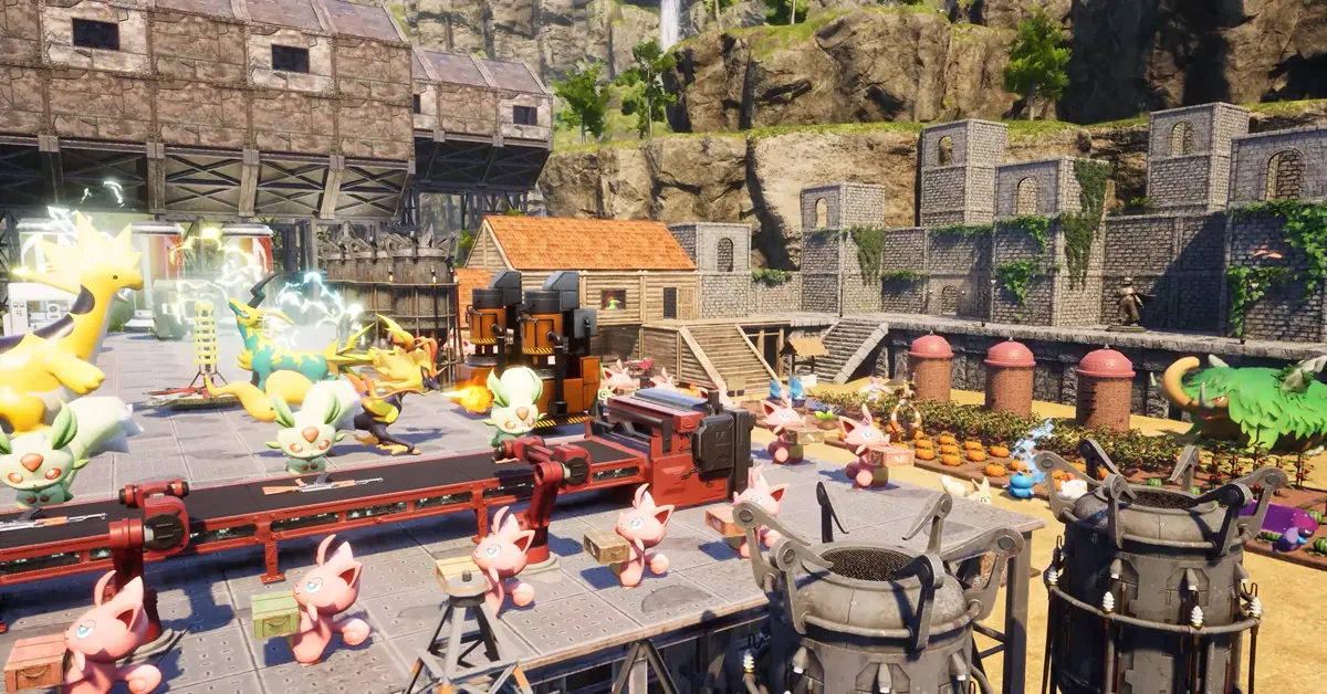 A massive industrial base in Palworld with multiple creatures working on factory assembly lines.