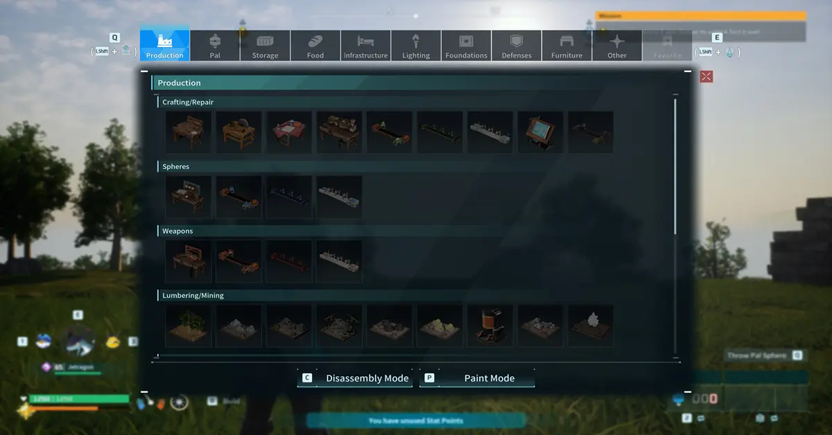 Palworld base crafting interface showing the new blueprint storage system.