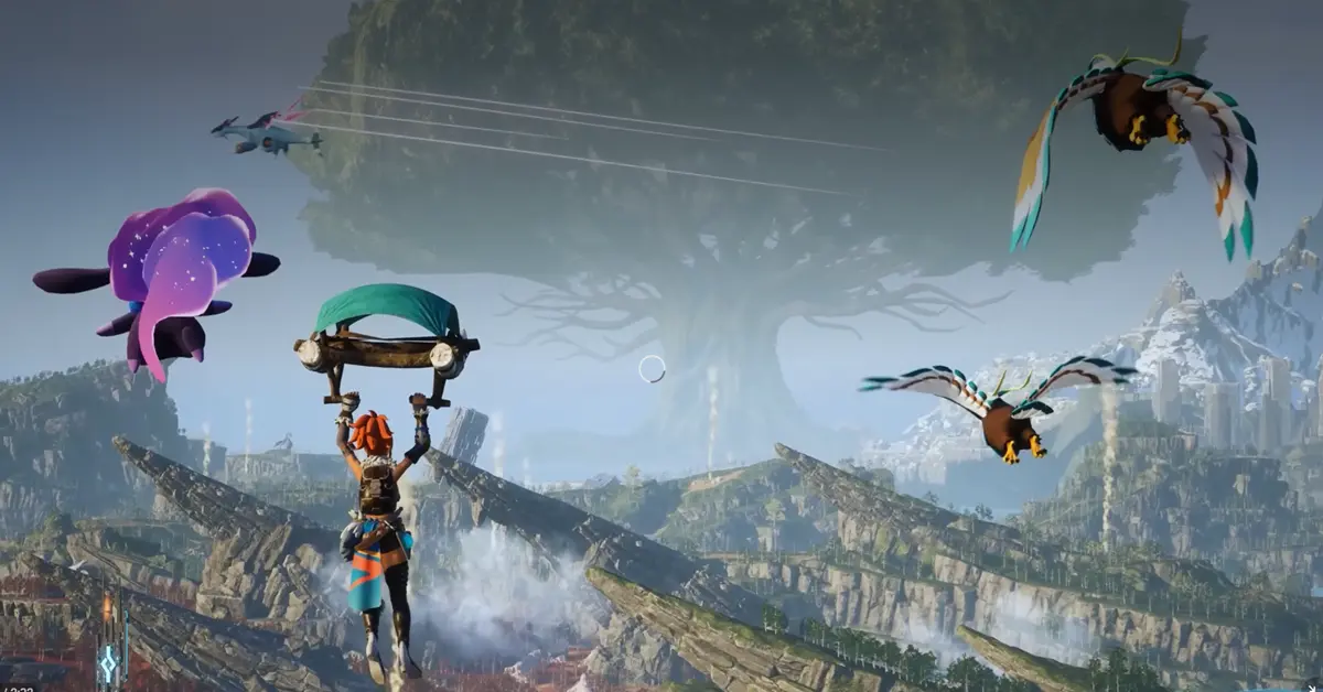 A newly added Pal from the v1.0 update soaring over the redesigned Wildlife Sanctuaries