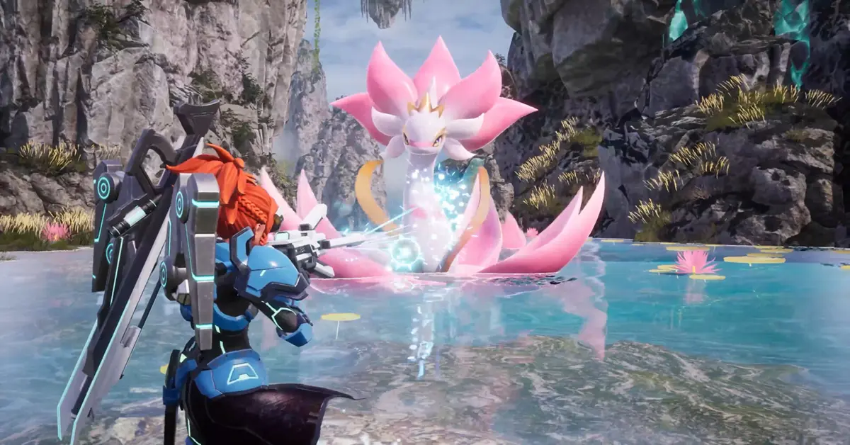 Two Palworld players engaged in a PvP arena battle with high-level Pals