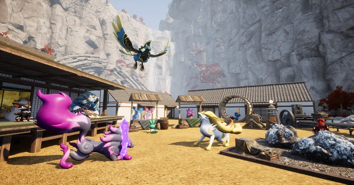 Palworld player standing with various Pals in a base camp