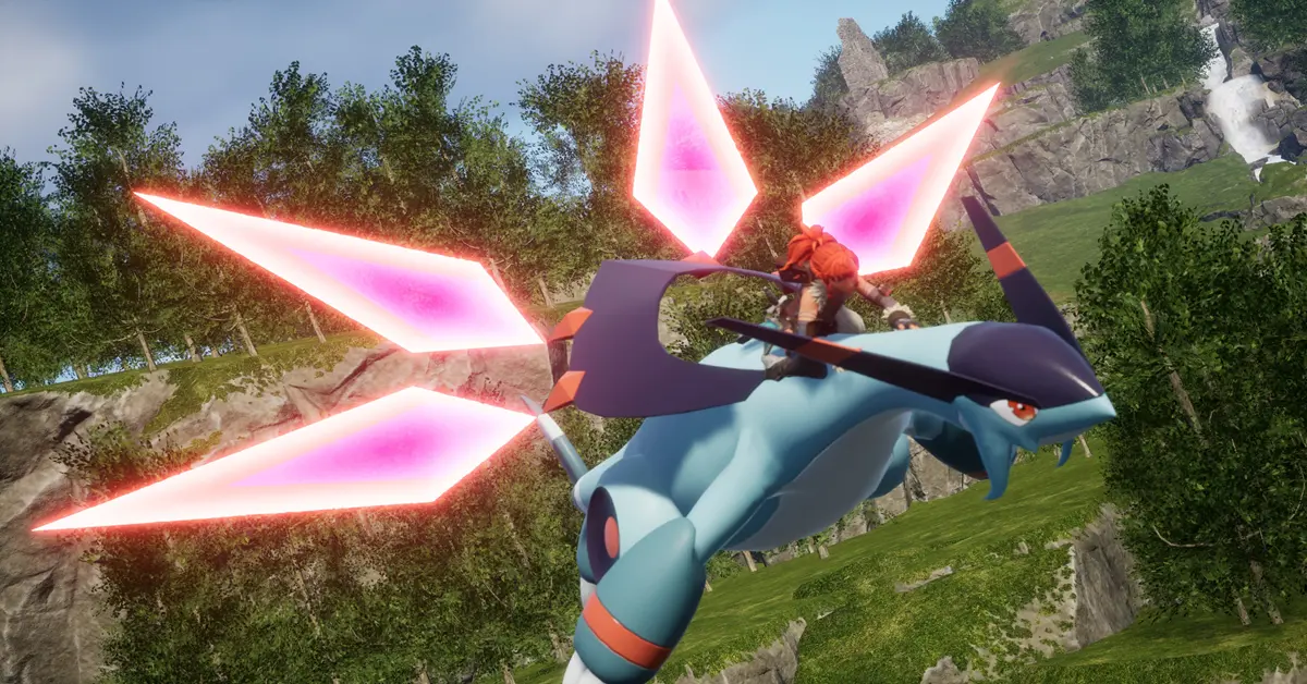 A player riding a massive blue dragon-like creature over a lush green landscape in Palworld.