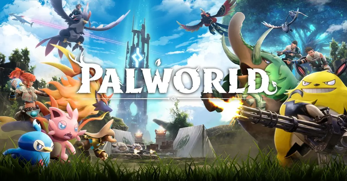Palworld player standing with Pals in an open world landscape