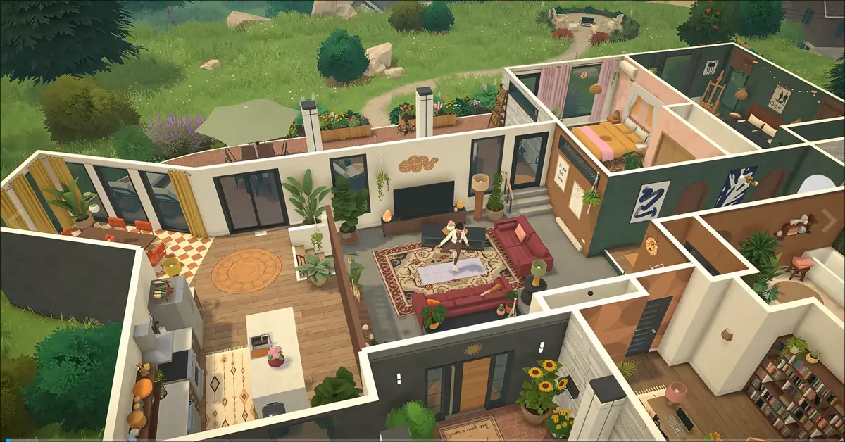 Paralives gameplay showing a character in a detailed custom-built home