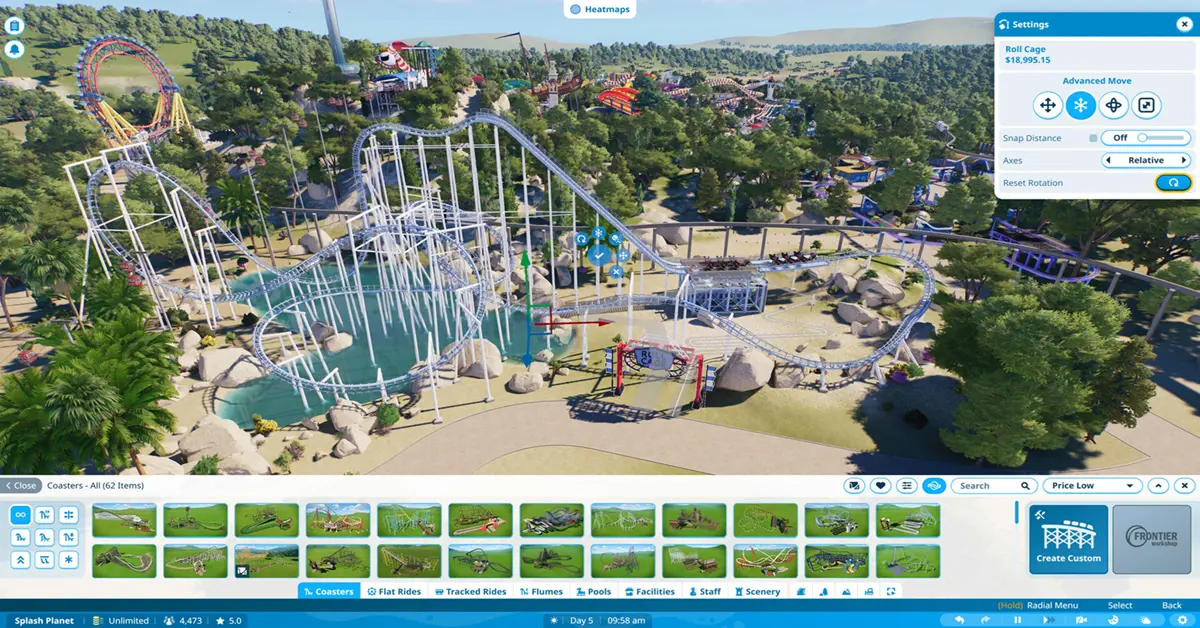Planet Coaster 2 detailed park management UI or water park construction
