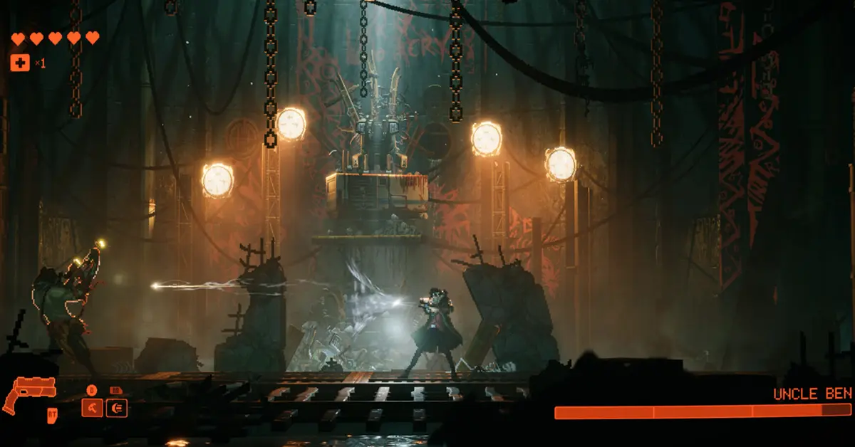 Close-up of R.E.A.C.H. in a combat stance against enemies in a dark alley.