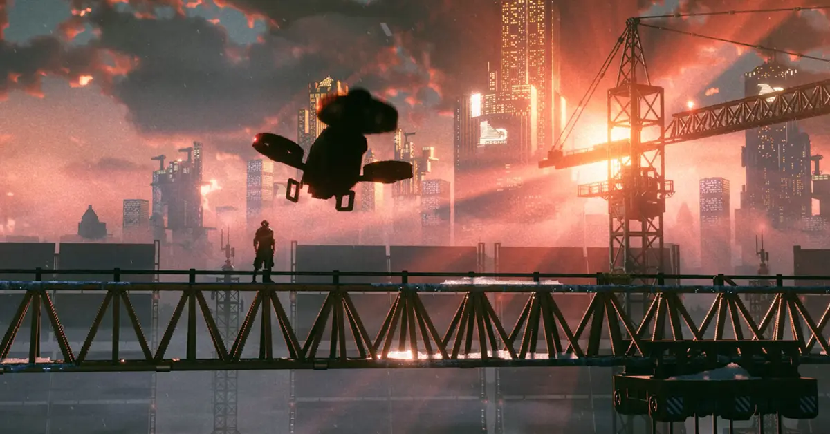 REPLACED game protagonist R.E.A.C.H. overlooking a pixel-art dystopian city at night.