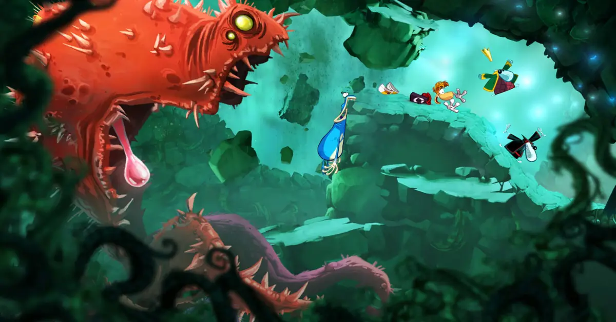 Four players controlling Rayman, Globox, and two Teensies in a cooperative platforming sequence.