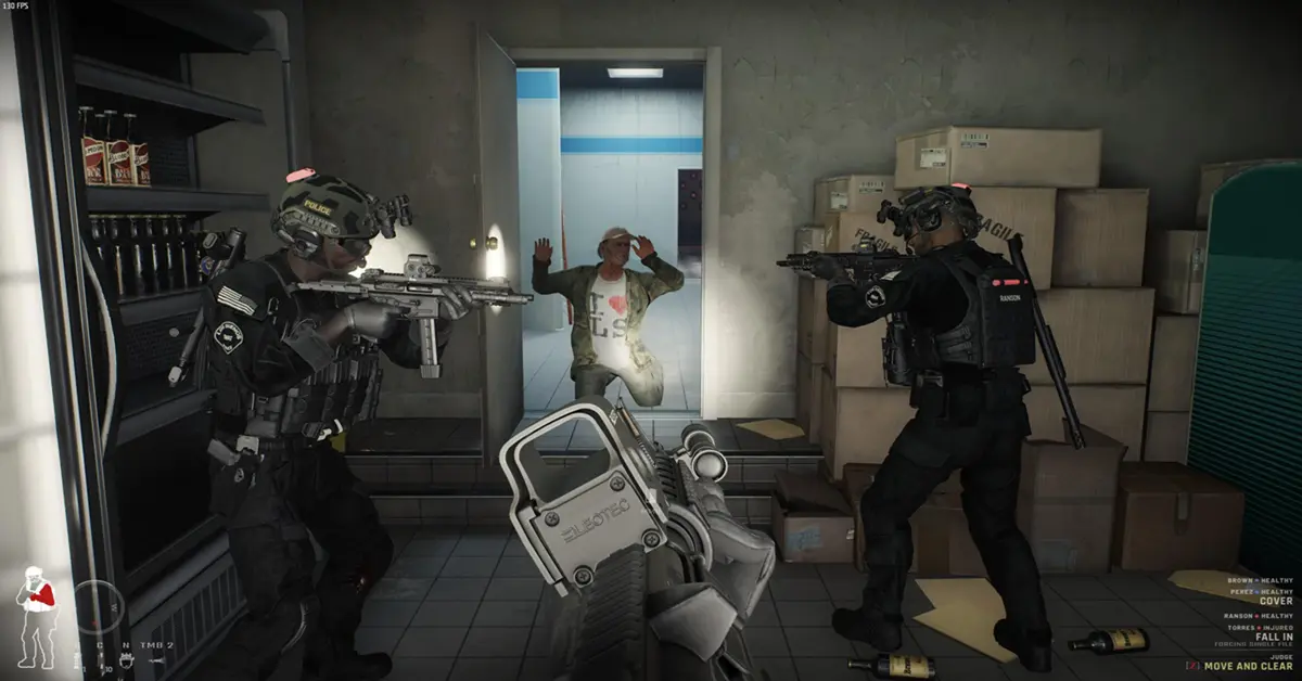 First-person view of a SWAT officer aiming a rifle with a flashlight attachment