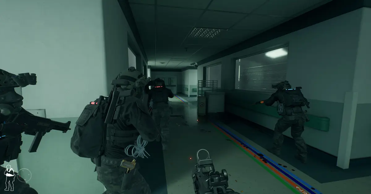 A heavily armored SWAT officer in Ready or Not aiming down sights in a dark, tense hallway