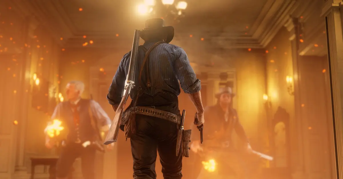 Arthur Morgan holding a revolver during a tense standoff in Red Dead Redemption 2