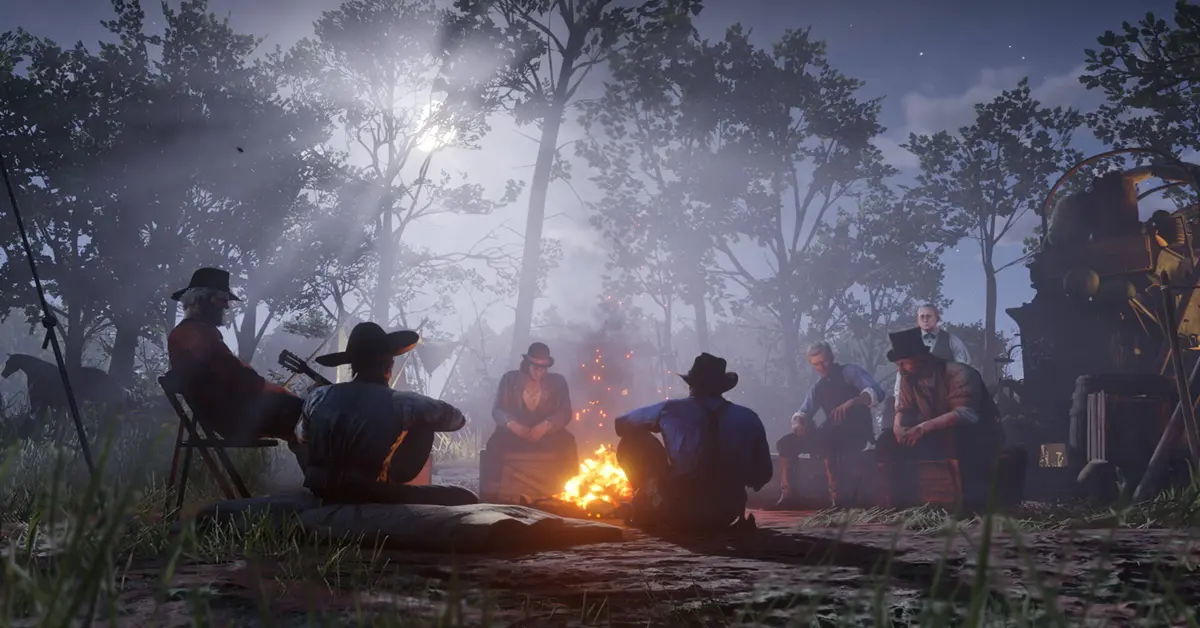 Detailed camp interaction in Red Dead Redemption 2.