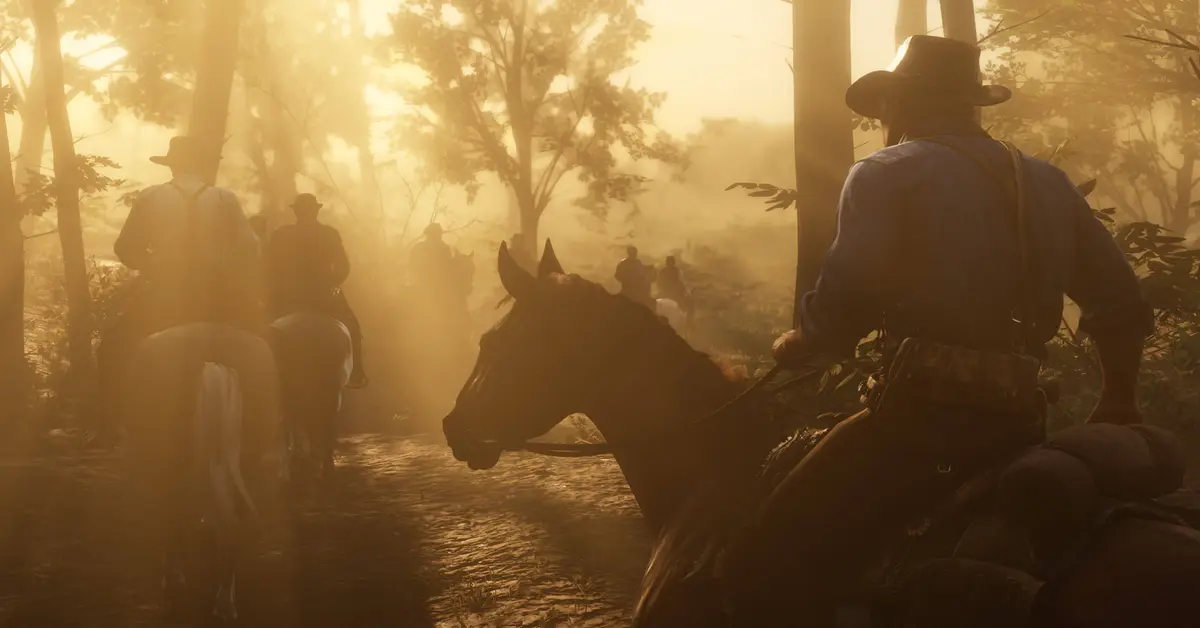 A detailed view of a dense forest with sunlight breaking through the trees in Red Dead Redemption 2 on PC