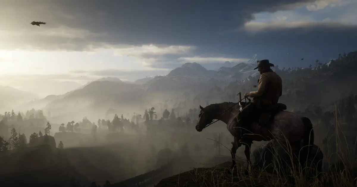 Arthur Morgan riding a horse across a vast, scenic Wild West landscape in Red Dead Redemption 2