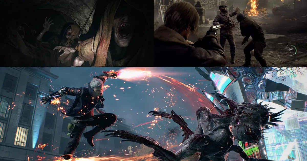 A split-screen visual comparing gameplay moments from Resident Evil 4 Remake, Resident Evil Village, and Devil May Cry 5