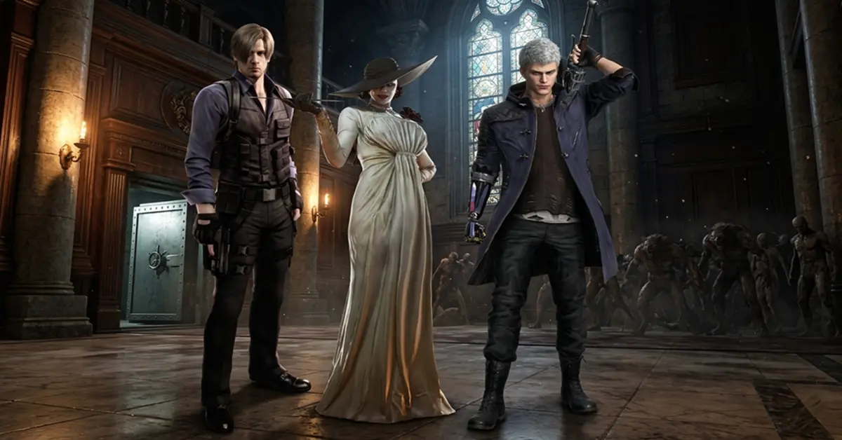 Leon S. Kennedy from Resident Evil 4 Remake alongside Lady Dimitrescu from Resident Evil Village and Nero from Devil May Cry 5