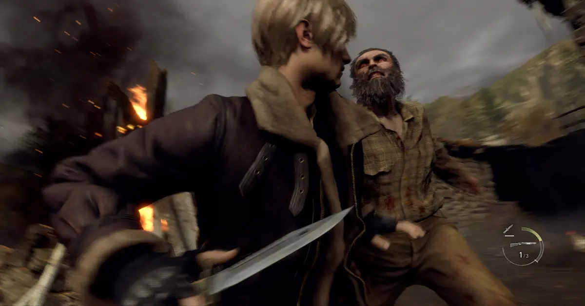 Leon fighting infected villagers during an intense combat encounter in Resident Evil 4 Remake