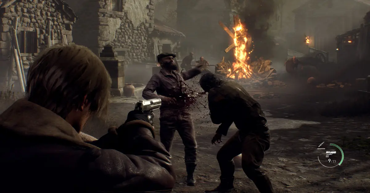 Resident Evil 4 Remake Leon Kennedy village encounter gameplay.