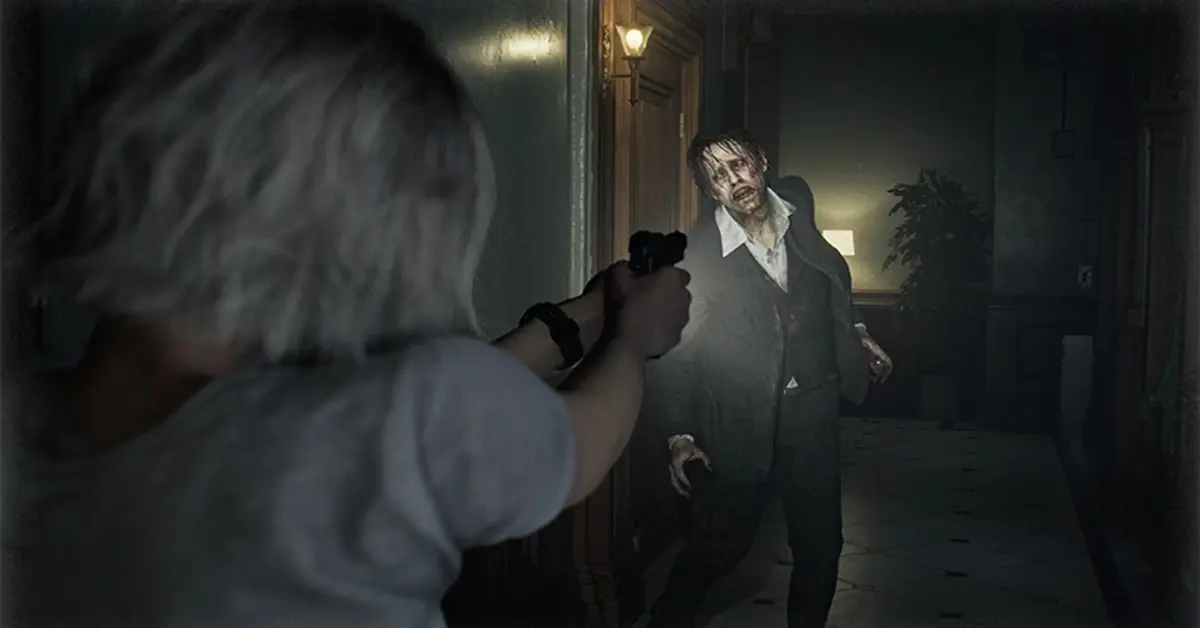 Grace Ashcroft firing a handgun at an infected creature in a dark hallway