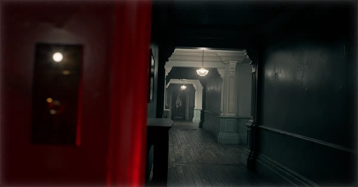 Gameplay screenshot of the derelict hotel in Resident Evil Requiem