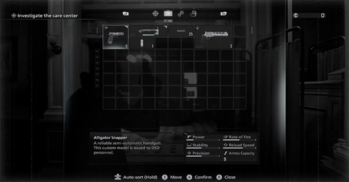 Resident Evil Requiem gameplay screenshot showing inventory management and dark environment.
