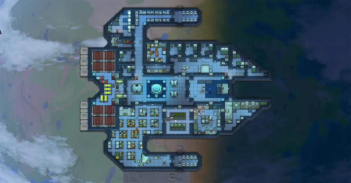 RimWorld extensive late-game colony layout highlighting performance metrics