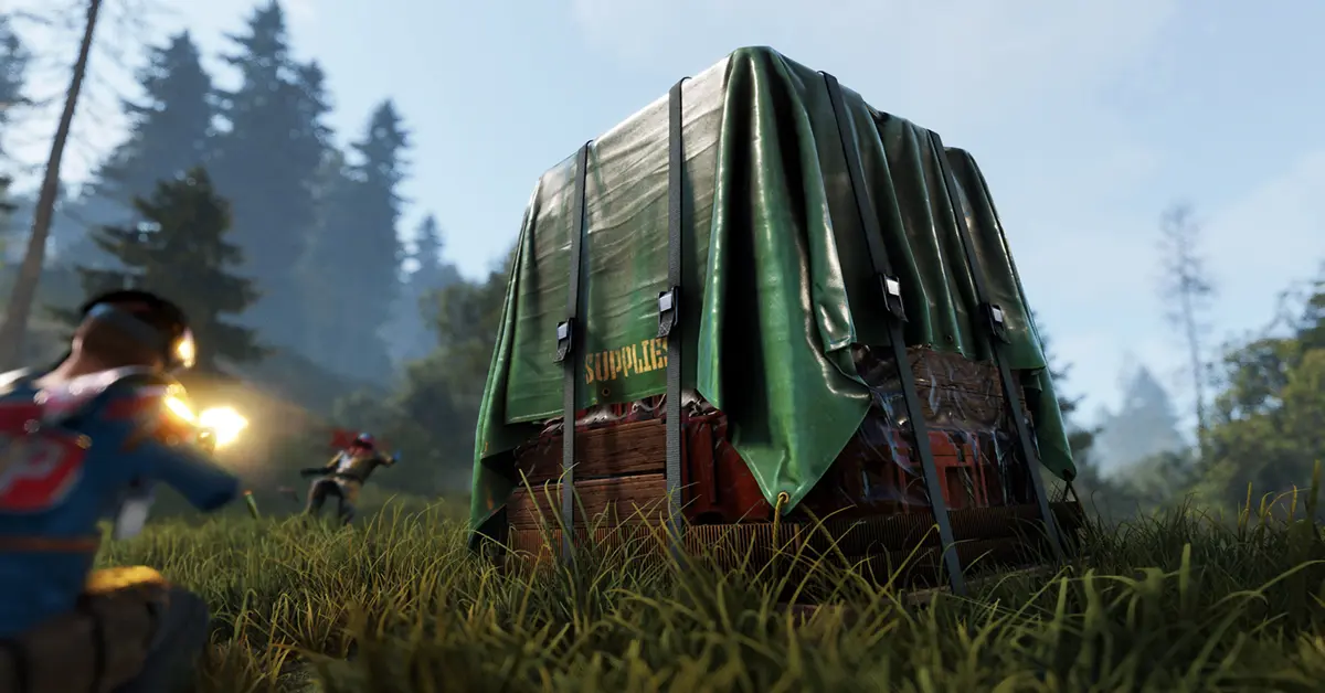 Two Rust players in scrap armor engaging in a firefight near a heavily forested monument area.