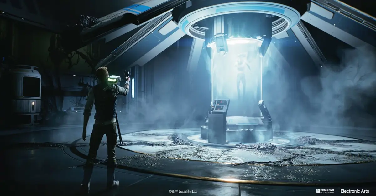 Cal Kestis navigating a massive high-tech Imperial facility with dynamic lighting reflecting off polished surfaces.