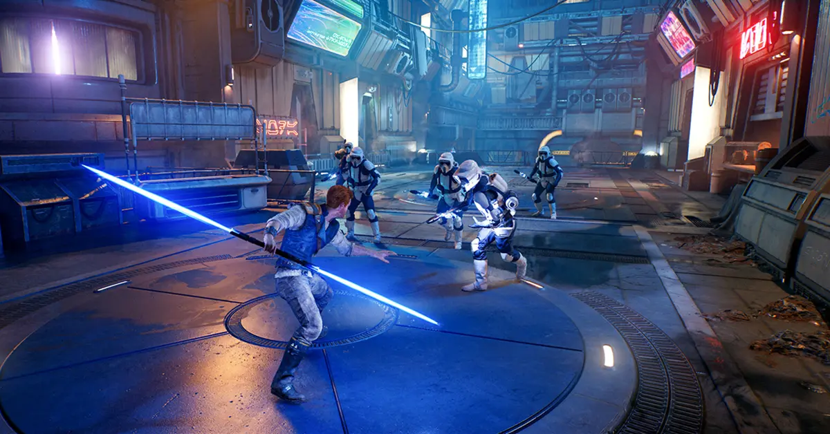 Cal Kestis igniting a blue lightsaber while staring down an Imperial patrol on a dusty canyon world.