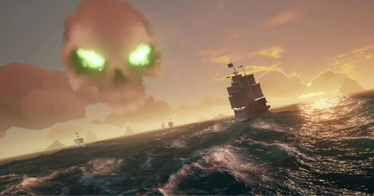 Pirate galleon sailing through a storm in Sea of Thieves